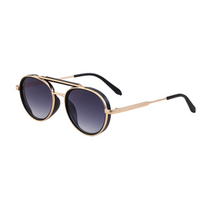 Nouvelles lunettes de soleil ovales de style européen et américain pour hommes, monture en métal, double pont, rétro, punk, protection UV400, monture noire, verres en PC - Product Image 2