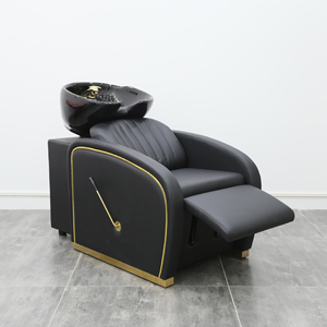 Fauteuil de lavage de luxe moderne et simple pour salon de coiffure, noir et or, inclinable manuel, avec cuvette en céramique - Product Image 3