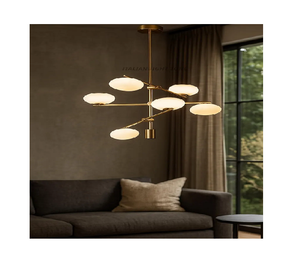 Lustre Sputnik en laiton de style mid-century, 6 lumières, globe en verre blanc Stilnovo, luminaire suspendu pour salon - Product Image 1