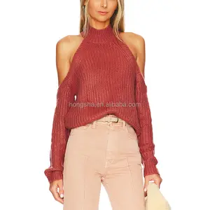 Women Acrylic Fabric Blank Sweater Fall Long Sleeve Casual Crochet Sweater Ladies Cold Shoulder Rib Knit High Neck Sweater