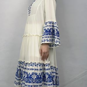 Women's Casual Woven <b>Rayon</b> <b>Dress</b> Long Sleeves Embroidered V-Neck Floral Pattern Western Style Plus Size 3XL Anti-Static Natural - Product Image 3