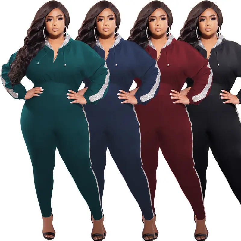 New Arrival Women's Plus Size Hoodie Pure Color Stitching Casual Womens Set Pullover Plus Size Two Pieces Knitted Women Clothing