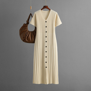 Vestido Casual de Verano para Mujer, Estilo 2026, Cuello en V, Manga Corta, Cintura Larga, Ajustado, Tejido de Punto, Color Puro - Product Image 4