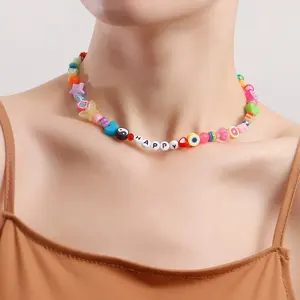 Fashion Colorful Soft Pottery Ying and Yang Necklaces Bohemian Choker Cute Plastic White Pearl Necklace