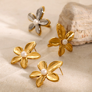 Floral Pearl <b>Stud</b> <b>Earrings</b> Gold Plated Stainless Steel Everyday Wear Women's Jewelry - Product Image 4