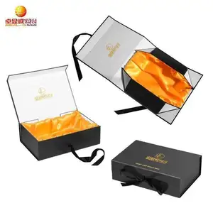 Custom Logo Luxury Paper Folding Cardboard Ribbon Closure Hair Bundle Packaging Flat Pack Wig Boxes With Satin Inside