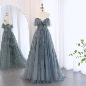 Sparkly Crystal Blue Sweetheart Evening Dress For Women Wedding Tiered Ruffles Luxury Dubai Bridal Party Gowns Sz017