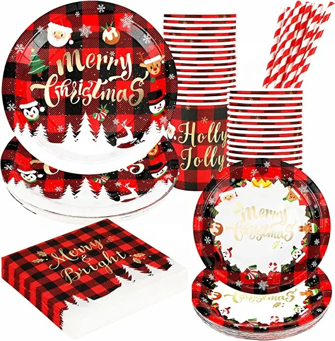PaFuクリスマス赤と黒のチェック柄食器セットクリスマスフォイルゴールド使い捨て食器24名様用7インチ9インチプレートが含まれています
