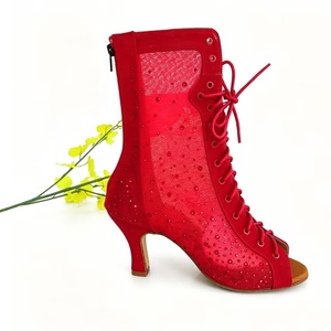 Evkoodance Scarpe da Ballo Professionali Personalizzate per <span class=keywords><strong>Donna</strong></span>, Tacco 7cm, Cristalli Rossi, per <span class=keywords><strong>Jazz</strong></span>/Salsa/Tango/Latino, in Finta Pelle Scamosciata - Product Image 1