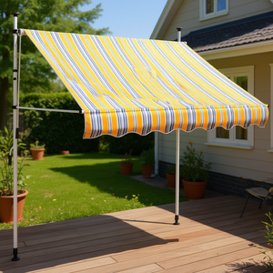 Toldo Retráctil Manual con Rayas Amarillas y Azules de 59 Pulgadas, Tela de Poliéster, con Estructura de Hierro y Diseño de Brazos Plegables - Product Image 2