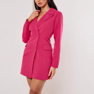 High Street Blazer Kancing Wanita, Gaun Kantor Kasual Lengan Panjang Merah Muda dengan Sabuk