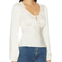Chemisier personnalisé pour femme en satin blanc à manches longues, col en V romantique avec dentelle, haut à nouer devant, élégant, à manches bouffantes, pour soirée