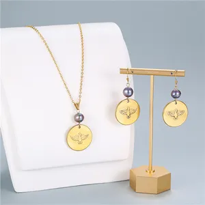 Newly designed stainless steel solid thick eagle pattern necklace earring set gold jewelry wholesale