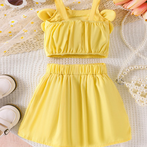 Nouvel ensemble d'été décontracté pour filles : chemise jaune à col halter en tissu peigné à motif floral et jupe taille basse, pour une vitalité jeune et mignonne - Product Image 4