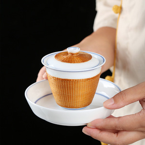 Chinese Style Bamboo Woven Porcelain Teacup And Gaiwan <b>Set</b> For Kung Fu <b>Tea</b> With Lid White Porcelain Cylinder Shape - Product Image 3