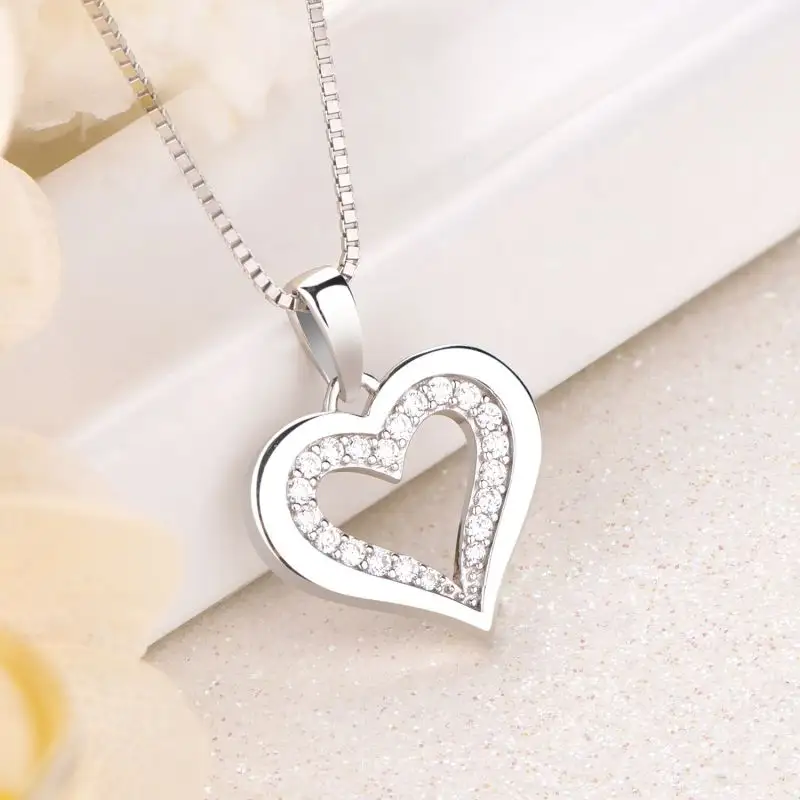 Wholesale Luxury Jewelry 925 Sterling Silver White Cz Heart Shape Pendant 925 Sterling Silver Custom Gold Necklace Chain
