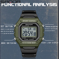 Reloj Deportivo SANDA 2156 para Hombre, Caja Cuadrada, Resistente al Agua 5BAR, Correa de Goma, Repetidor, Esfera Grande, Reloj Digital LED