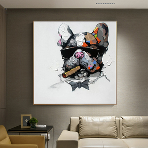 Peinture 100% peinte à la main sur <span class=keywords><strong>toile</strong></span> moderne, Pop Art abstrait, Bouledogue <span class=keywords><strong>patron</strong></span> avec lunettes de soleil, Animal de dessin animé, Peintures à l'huile/acrylique - Product Image 6