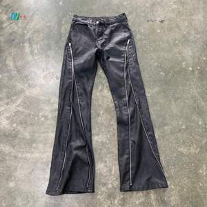 جينز شمع من جلد البولي يوريثلين بتصميم مخصص بنطال جينز واسع مكدس جينز رجالي نحيف بسحاب مطلية بالشمع الجينز الدنيم - Product Image 1