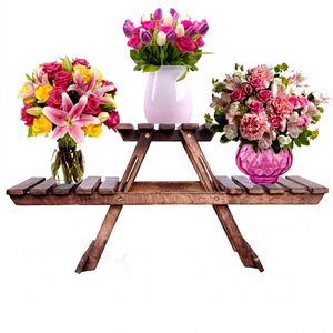 Support à fleurs pliable en bois CH avec 3 niveaux pour la décoration de la maison, style classique, forme rectangulaire, matériau en bois - Product Image 1