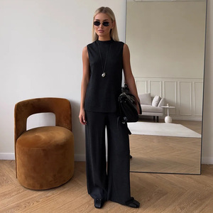 Completo Estivo 2026 in Maglia Solida: Top Senza Maniche e Pantaloni a Gamba <span class=keywords><strong>Larga</strong></span>, Set Casual da 2 Pezzi per <span class=keywords><strong>Donna</strong></span> - Product Image 2