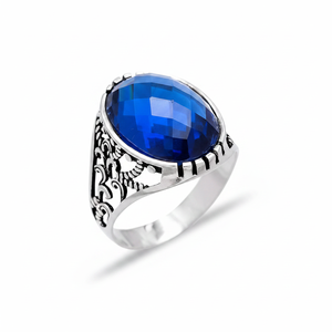 Oval Cut Sapphire Gemstone Ottoman Style Authentic <b>Men</b> <b>Ring</b> Turkish Wholesale Handmade 925 Sterling Silver - Product Image 2