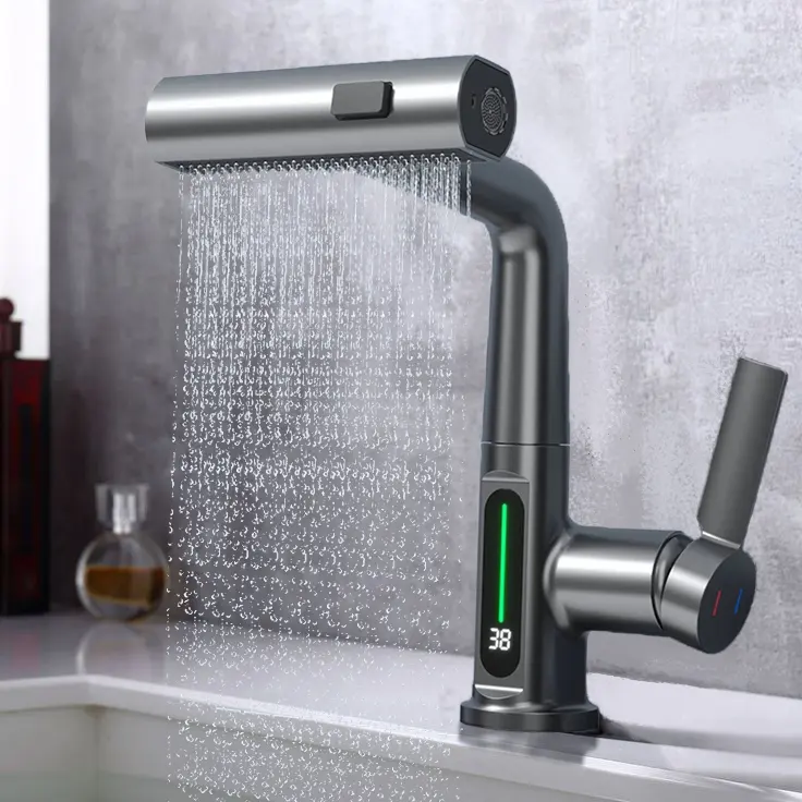 ANQI keran multifungsi berputar 360 derajat, keran kamar mandi Mixer tarik keluar hitam dengan tampilan Digital
