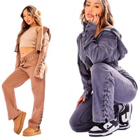 KY Streetwear Ensemble de pantalons de survêtement et de sweat à capuche délavés à l'acide brun épais à capuche