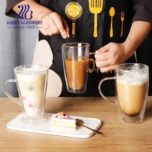 Taza de café con leche de vidrio alto de borosilicato resistente al calor única de fábrica, taza de café capuchino térmica de doble pared para café