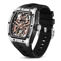 Nouvelle montre automatique squelette tonneau de luxe 2026, prête à être expédiée, en stock, pour hommes, avec logo personnalisé OEM, montre-bracelet mécanique en saphir