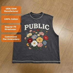 T-shirt sans manches haut de gamme personnalisé avec broderie graphique contrastante, style streetwear oversize, broderie plate, coupe ample aux emmanchures - Product Image 1