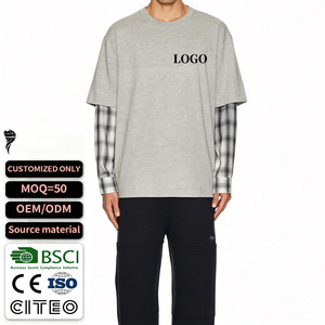 T-shirt à manches longues surdimensionné pour homme, double couche, avec poignets à carreaux, impression de logo personnalisée, style streetwear, ODM OEM, vente en gros - Product Image 1