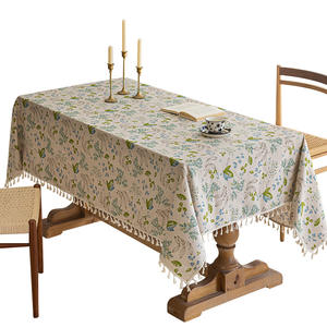 Nappe Imprimée Élégante en Faux Lin Coton avec Pompons, Imperméable, Motifs Plantes et Fleurs, Rectangulaire, Décoration Maison - Product Image 1
