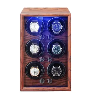 Remontoir automatique de montre de luxe de haute qualité, boîte de remontoir de montre en bois et en cuir avec 6 emplacements avec LED ouvert-STOP