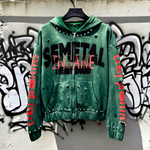Sudadera con capucha de invierno para hombre, estilo hip hop, de forro polar grueso, vintage, con pedrería, bolsillo desgastado, lisa, personalizada, con efecto lavado a la piedra, al por mayor - Product Image 1