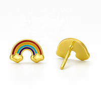 J.J. BRAVO Pendientes de botón de oro amarillo de 14K 585 con esmalte arcoíris, estilo lindo, sin níquel, sin plomo, para niñas, moda infantil, uso diario