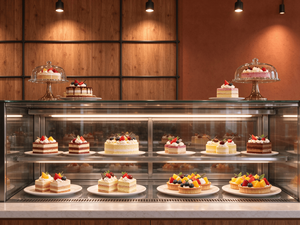 Conception d'intérieur de restaurant moderne sur mesure avec comptoir de bar en bois et meuble de présentation de desserts - Product Image 4