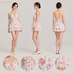 Womens <strong>White</strong> Floral Halter Mini <strong>Dress</strong> Layered Ruffle <strong>Fit</strong> <strong>And</strong> <strong>Flare</strong> Party Summer Vacation Custom OEM Private Label - Product Image 4