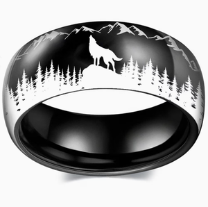 Wolf-Themed Outdoor <strong>Ring</strong> for <strong>Men</strong>, 8Mm Wide, Featuring a <strong>Black</strong> and Color in Stainless Steel, Suitable NS801865 - Product Image 1