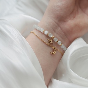 Nueva Pulsera de Acero Inoxidable con Dijes de Estrella y Luna de Piedra Natural Ojo de Gato Blanco para Mujer - Product Image 3