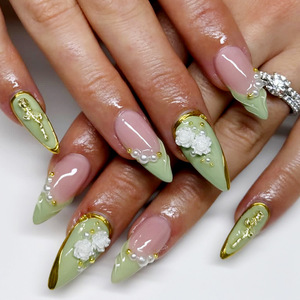 <span class=keywords><strong>Uñas</strong></span> Postizas Francesas Semimanuales a Presión, <span class=keywords><strong>Estilo</strong></span> Moderno con Estampado <span class=keywords><strong>de</strong></span> Cebra y Leopardo, con Perlas <span class=keywords><strong>Pequeñas</strong></span> y Cuentas Doradas, Precio Bajo al por Mayor - Product Image 3