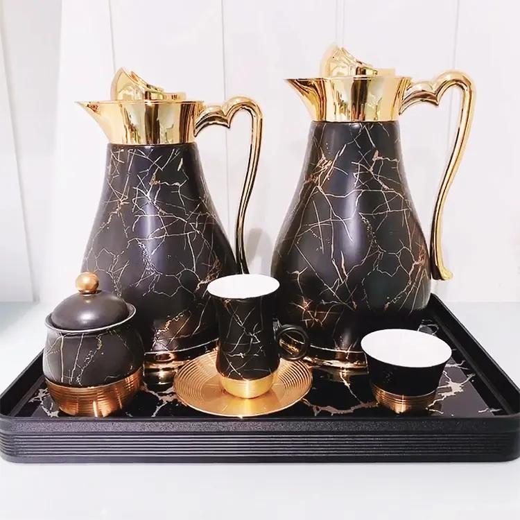 Original design black gold marbling luxury coffee pot cup saucer customized gift box porcelain arabic tea set with glass tray