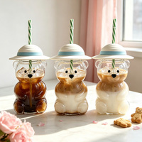 Gobelet à eau en verre 3D créatif en forme d'ours avec couvercle en silicone et paille réutilisable, pour café et boissons, idéal pour la maison, les fêtes et comme cadeau
