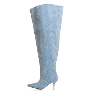 Light Denim Super Wide Top Women Over Knee High Boots Pointed Toe Shoes <b>Long</b> Booties Stilettos Camouflage High Heels Footwear - Product Image 4