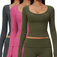 FCX9599-2 Haut de sport pour femme à col rond, manches longues, taille haute élastique, amincissant, pour Pilates, fitness et yoga