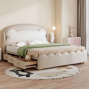 Lit complet en bois nuage crémeux pour enfants Design minimaliste moderne avec rangement intégré pour jouets et adorable chambre ours en peluche - Product Image 4