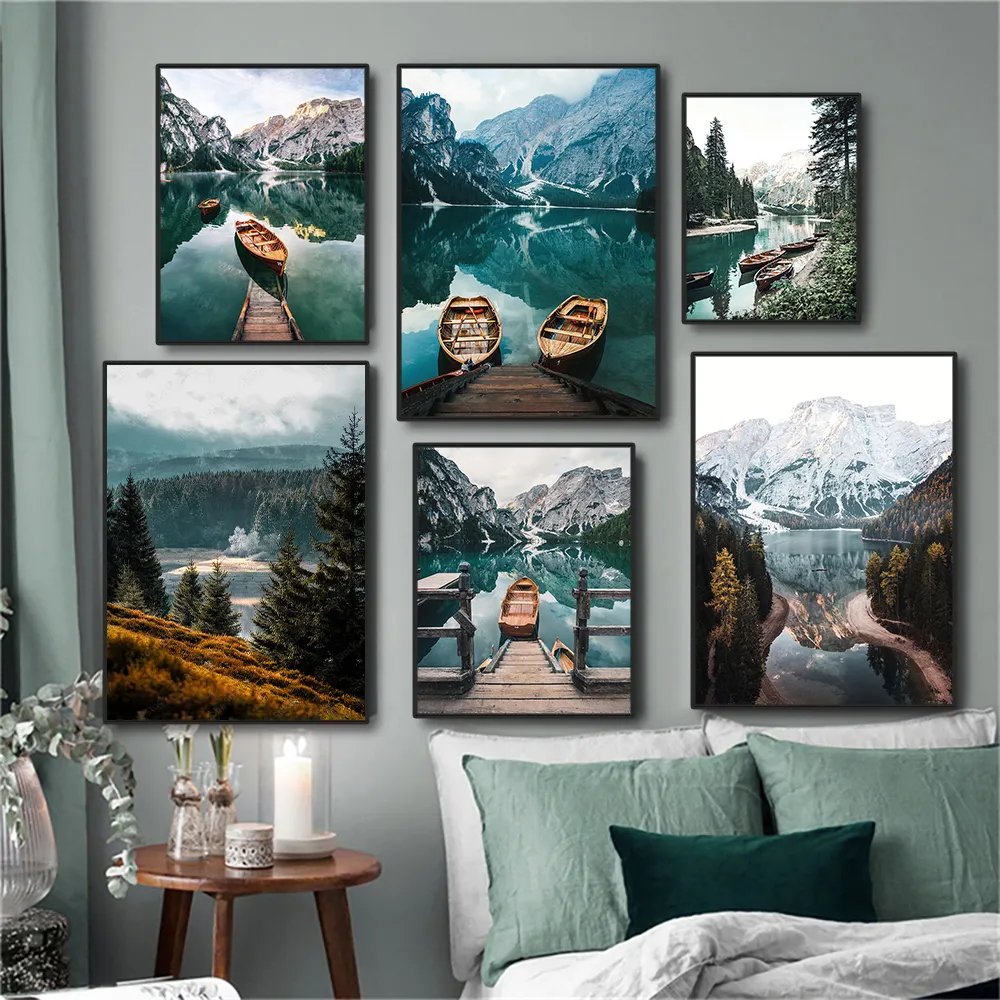 Modern İskandinav duvar sanat posterleri baskılar doğa odası ev dekorasyon manzara dağ göl tekne tuval boyama