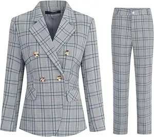 女式复古两件套格子套装单扣时尚运动夹克和裤子