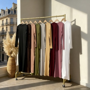 9.9 <b>Abaya</b> Dress Solid Color Little Bouncy Jersey Material Lace up on Both Side Simplicity Chic Long Slim Sleeves Dress 6736# - Product Image 2