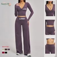 Set Yoga Logo Kustom Cepat Kering Atasan Lengan Panjang V-Neck Celana Yoga Model Flare Bahan Spandex Elastis Pakaian Olahraga Wanita